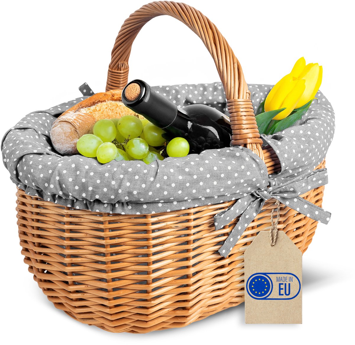 Creative Home Grote picknickmand met met grijze rand | Rieten mand met handvat | Winkelmand | 43 x 32 x 37 cm (+/- 2 cm) | Groot en lichtgewicht | Natuurlijk bruin | Handgeweven | Multifunctioneel