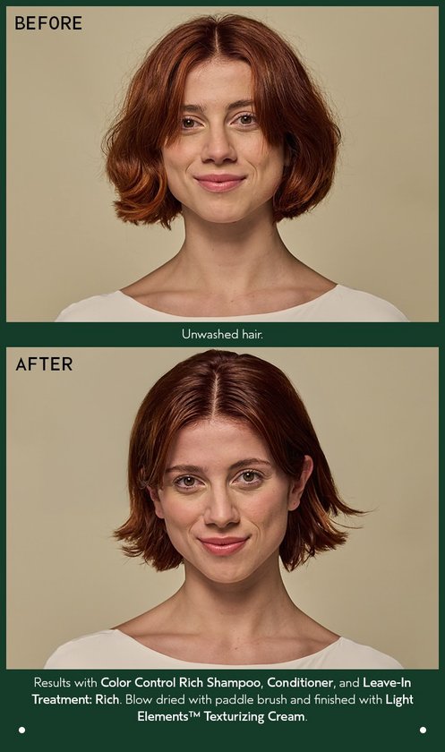 Gezichtsvergelijking van een vrouw met roodbruin haar: links ongewassen, rechts na behandeling met Aveda producten.
