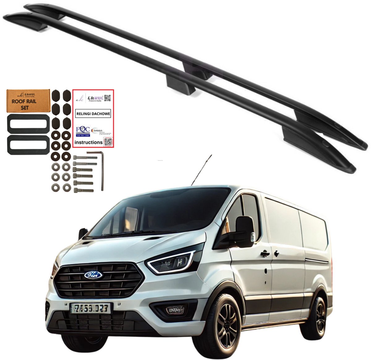Dakrails voor Ford Transit Custom Short van 2012 tot 2023, kleur zwart.