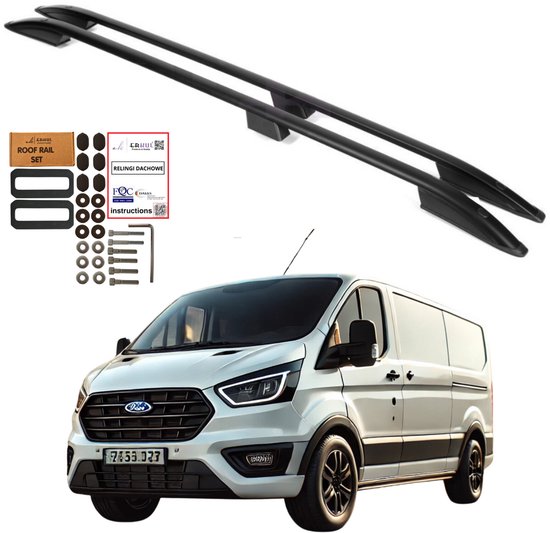 Barres de toit noires et pièces de montage au-dessus d'une camionnette Ford Transit Custom blanche.