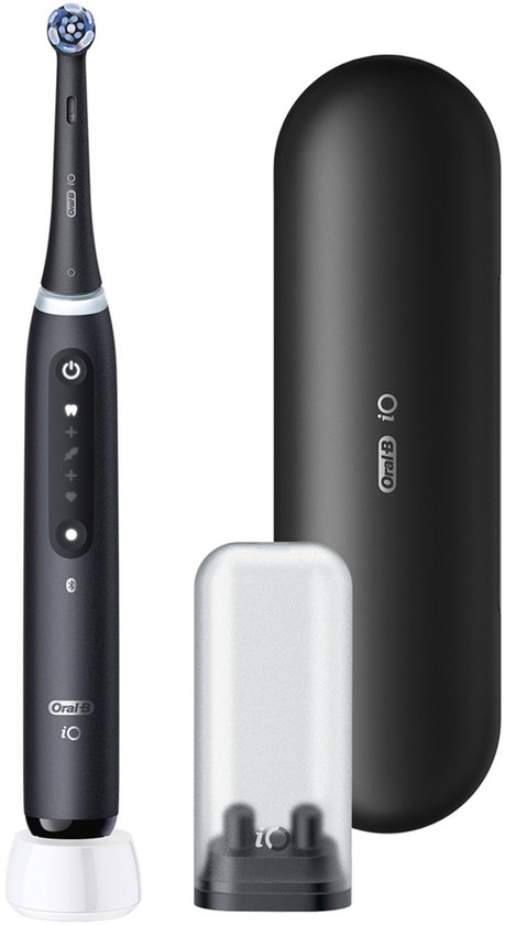 Zwarte Oral-B iO elektrische tandenborstel met oplader en reisetui.