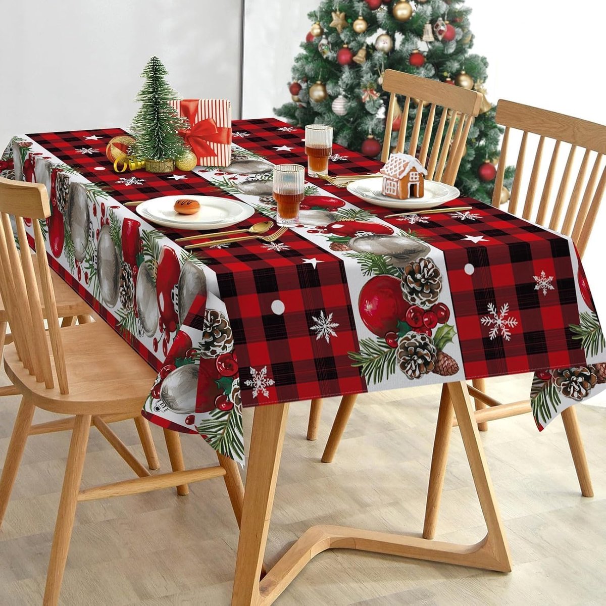 Wasmachinebestendige Kerst Tafelkleed Rechthoekig Rood Geruit 140x200 cm - Vlekbestendig Feestelijk Textiel