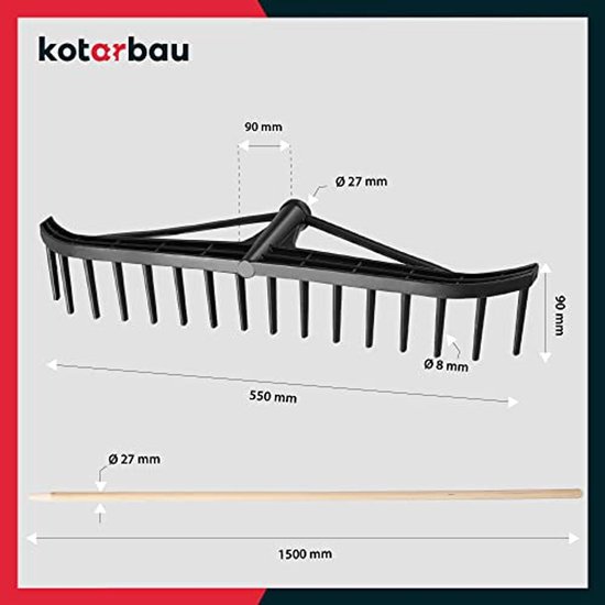 KOTARBAU® Bladhark, Tuinhark, Kunststof Bladhark, 55 cm, met Houten Steel, Lichtgewicht Hark, Ergonomisch Ontwerp, Bladbezem voor Tuin, Zwart & Natuurlijke Houtkleur van Merkloos	 — afbeelding 3