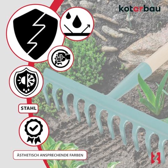 KOTARBAU® Tuinhark, Bladhark, Staal, 32 cm, Turquoise, met Houten Steel, 135 cm, 12 Tanden, voor Gazon, Stevige Hark, Metalen Hark, Ergonomisch Tuingereedschap van Merkloos	 — afbeelding 5