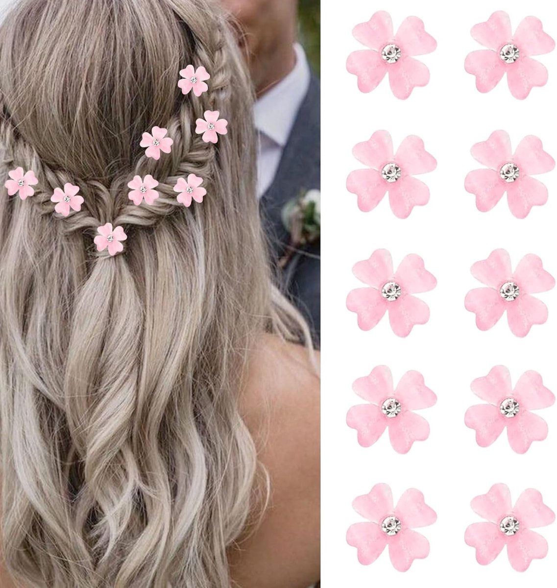 Set van 10 Mini Haarspeldjes met Lichtroze Bloemen en Strass Steentjes