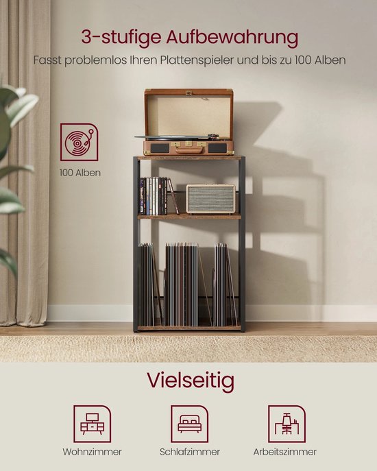 Ohana DT - Platenkast - Platenspeler Meubel - LP Opbergsysteem - 100 Platen - Eenvoudige Montage - Multifunctioneel - 3 Niveaus — afbeelding 3