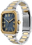 Zilverkleurig herenhorloge met gouden kast en schakelband. Blauw met Romeinse cijfers en datumvenster.