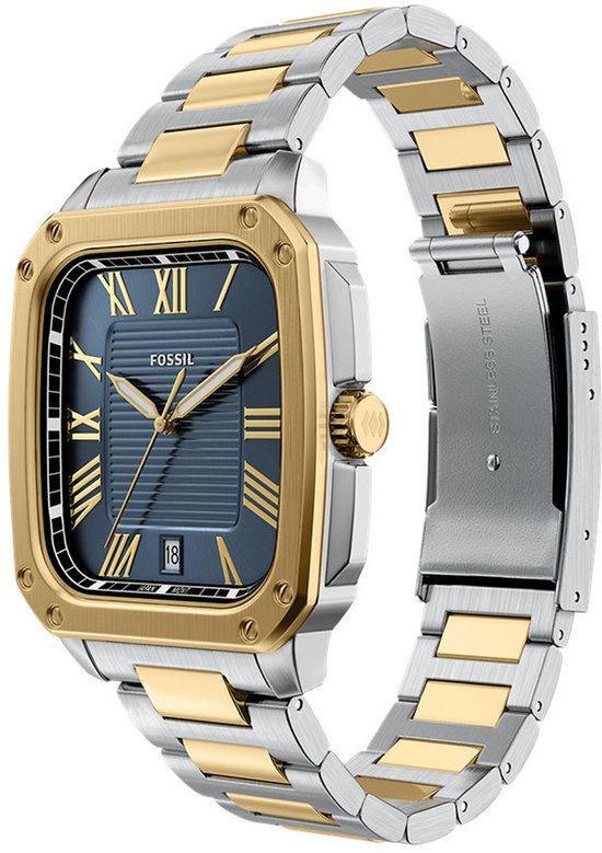 Zilverkleurig herenhorloge met gouden kast en schakelband. Blauw met Romeinse cijfers en datumvenster.