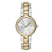 Gouden en zilverkleurig horloge met een witte wijzerplaat en gouden wijzers. De band is van metaal met gouden en zilverkleurige schakels.