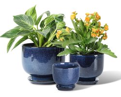 Indoor Ceramic Plant Pots - 6.8/5.5/4.3 Inch Planter with Drain Hole and Saucer for Succulent Orchid Flower Herbs Cactus - Gardening Home Desktop Office Decor - Set of 3 Blue