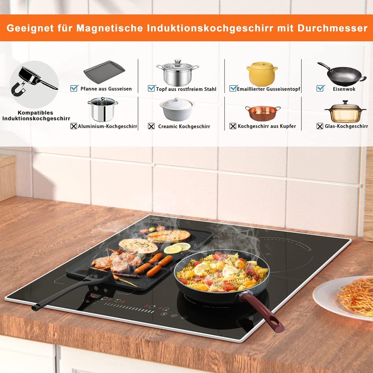Inbouw Inductiekookplaat 4 Zones met Flexibele Zone - 59 cm - Zwart Chefskookplaat