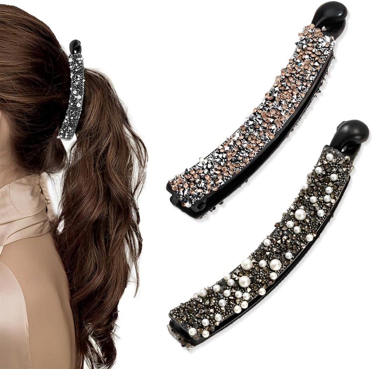Set van 2 Banaan Haarspelden met Strass en Parels voor Dames