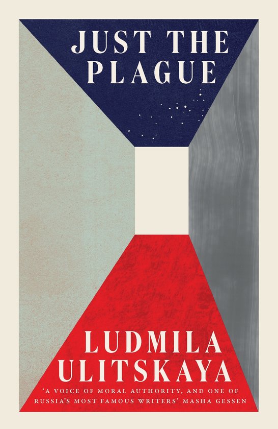 Boekomslag "Just the Plague" van Ludmila Ulitskaya, met abstracte geometrische vormen in rood, blauw en grijs.