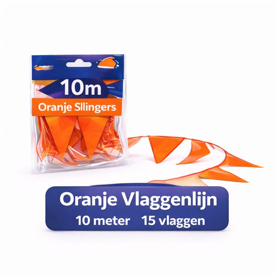 Verpakking met 10 meter oranje slingers met witte en blauwe accenten aan de uiteinden. Enkele slingers zijn uit de verpakking gehaald.