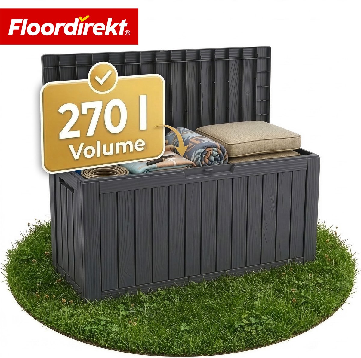 Floordirekt Tuinbox in houtlook - Antraciet - 117 x 53 x 55 cm (270 L) - Weerbestendige Kussenbox voor Terras & Balkon - 118L / 270L / 300L - Weerbestendig Polypropyleen - Ideaal voor Buitengebruik in Antraciet & Bruin