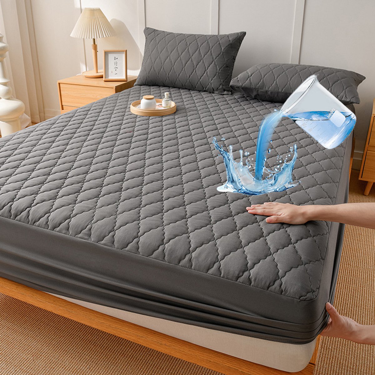 Waterdichte matrashoes en kussensloopset, matrasbeschermer, waterdicht TPU-membraan, eenvoudig te installeren, ademend en elastisch, zacht en comfortabel, wasbaar,Donkergrijs,120x200cm