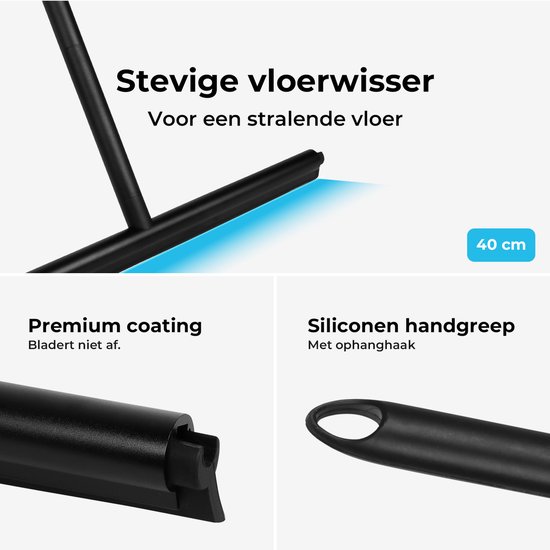 Sanova Luxe Vloertrekker - Roestvrij - Zwart - Douchewisser - Vloertrekker met steel - Vloerwisser - Trekker Douche en Badkamer vloer