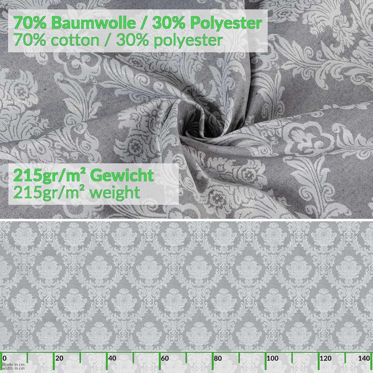 Ronde Stoffen Tafelkleed 140 cm - Waterafstotend Katoen Polyester - Grijs Barok