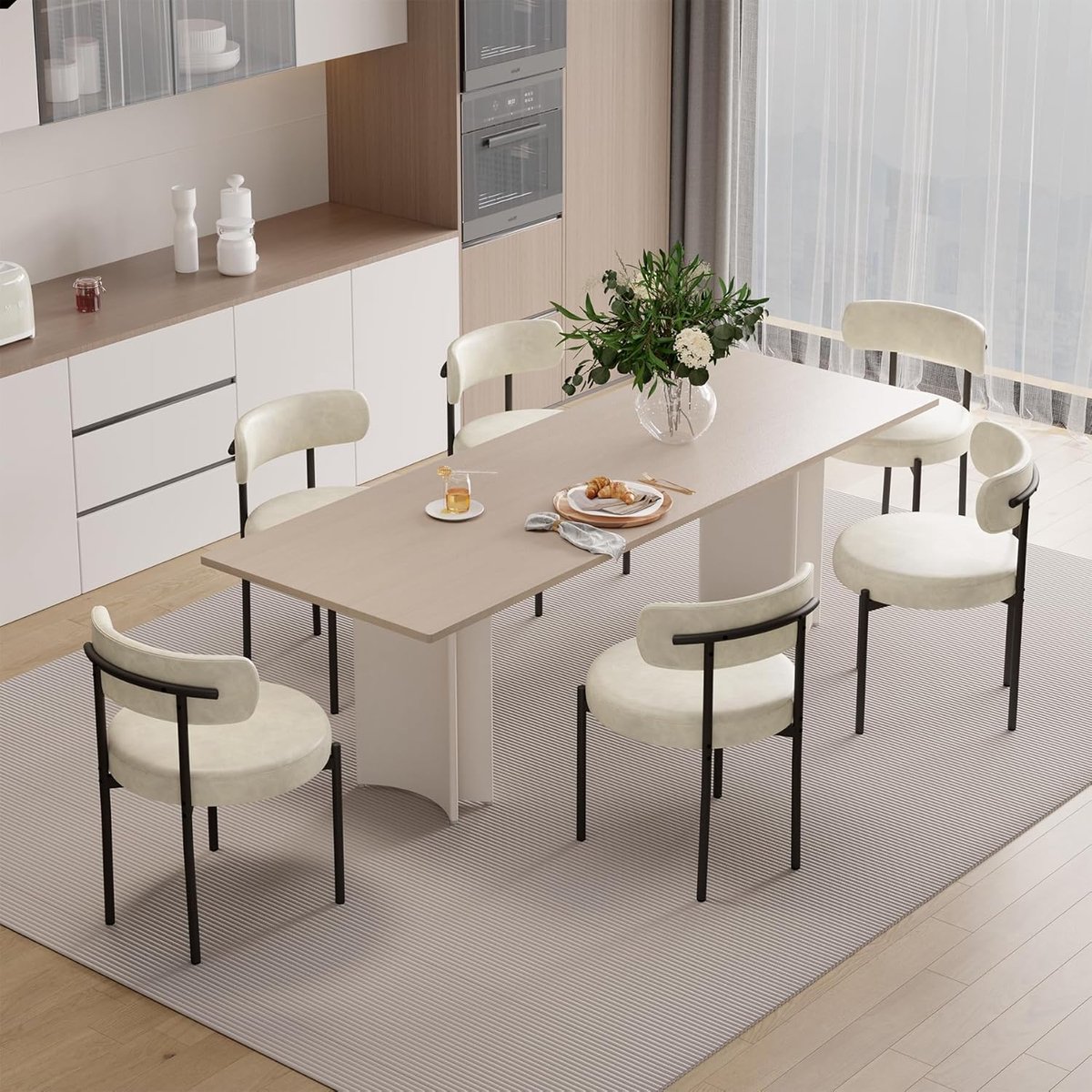 Eetkamerstoelen Set van 6 – 52x55x80 cm – PU Leer Ronde Bouclé Mid-Century Gevoerde Stoelen met Metalen Poten – Armloos Design, Ergonomisch Comfort – Abkantoor
