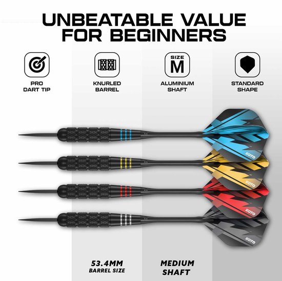 KOTO - Brass Multi Set 4 Sets Zwart Coated Messing Darts (23G) - 4 Sets of Flights (100 Micron) + Zwarte Aluminium Shafts & KOTO Dart Case