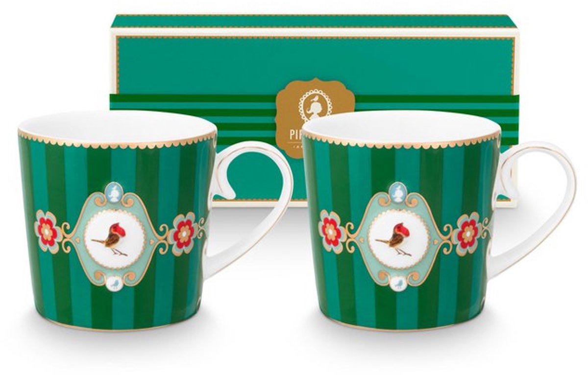 Set/2 Mugs Small Love Birds Medallion Stripes Emerald-Green/ pip studio/ cadeau set