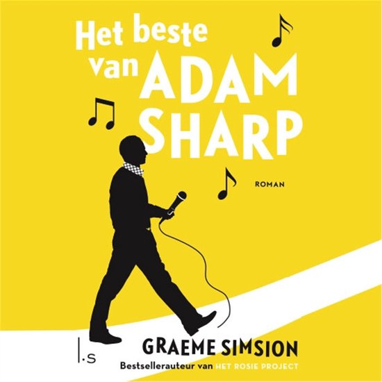 Boek "Het beste van Adam Sharp" met een illustratie van een zingende man met microfoon, gele achtergrond met muzikale noten.