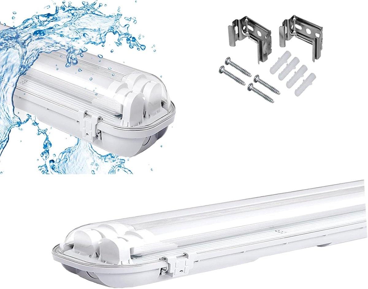 Set van 2 Waterdichte LED TL Buis Armatuur IP65 24W Koud Wit voor Vochtige Ruimtes