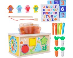 Houten activiteitenkubus, 6-in-1 motorisch speelgoed, leuke tissuebox, set speelgoed voor fijne motoriek, Montessori-speelgoed geschikt voor jongens en meisjes