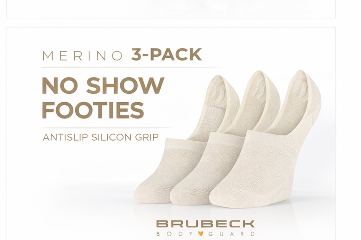 Brubeck Merino Sneakersokken / Footies – No Show Sokken – 3 Pack – Antislip Silicon Grip – Unisex Creme Wit 35/37