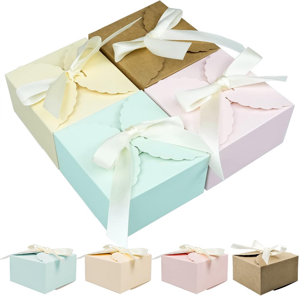 Set van 20 Kleine Vierkante Geschenkdozen Pastel Golf met Lint - 10x10x6 cm - Kartonnen Cadeau Verpakking voor Feest, Bruiloft en Doosjes