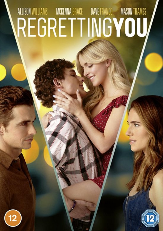 Regretting You, filmposter met Allison Williams, McKenna Grace, Dave Franco en Mason Thames. Achtergrond met bokeh-lichtjes.