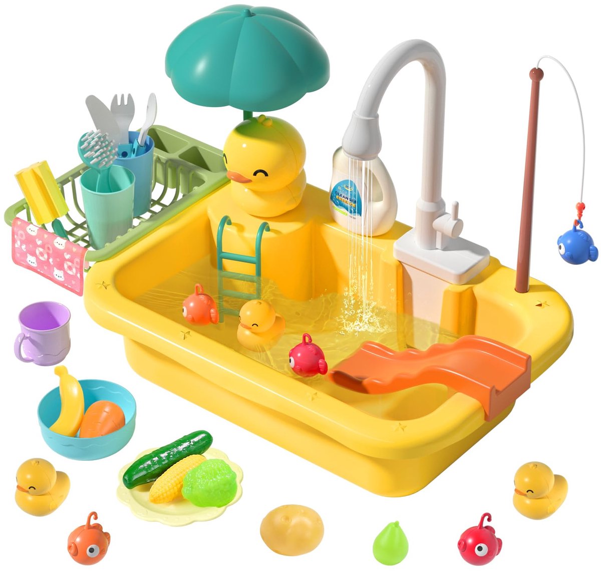 Keukenspeelgoed - Speelgootsteen met stromend water - met verbeterde elektrische kraan - Accessoires voor keukenspeelgoed - Drijvend visspeelgoed voor in het zwembad - Speelgoedafwasser voor kinderen - geel