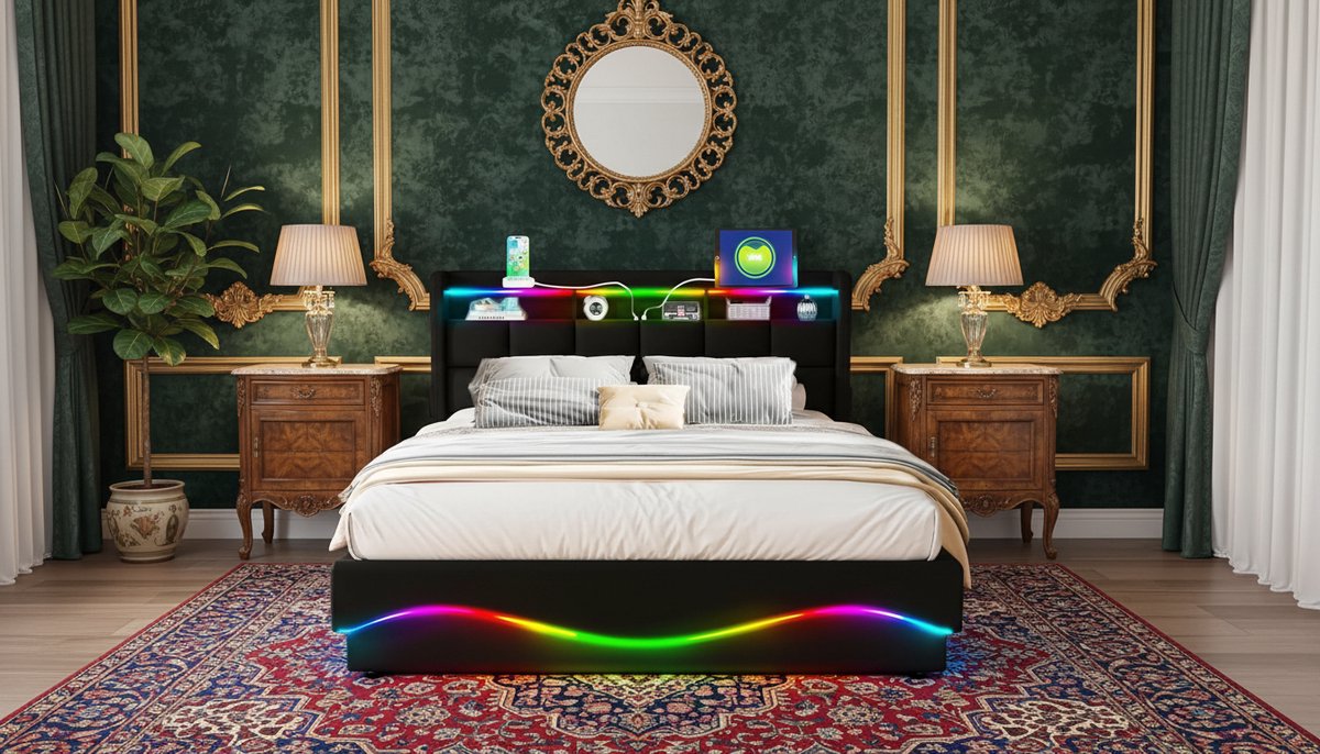Gestoffeerd Opbergbed 140x200 cm – Casa Velluto Luxe LED Bed met USB/Type-C Oplaadstation, Hoofdeinde Plank & Hydraulische Grote Opbergruimte Onder het Bed – Modern Houten Design, Zwart