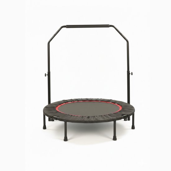 Zwarte trampoline met rode rand en verstelbare handgreep, op witte achtergrond.