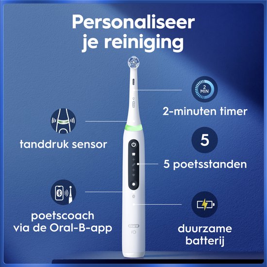 Witte Oral-B iO tandenborstel met grip en indicatoren. Toont "2-minuten timer", "tandrauk sensor", "poetscoach via de Oral-B-app", "5 poetsstanden" en "duurzame batterij".