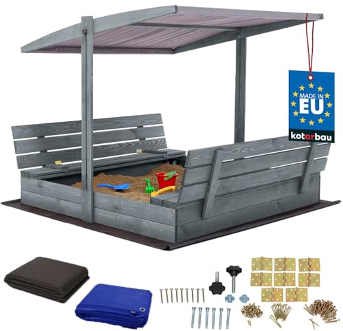 KOTARBAU® Houten Zandbak, 140 x 140 cm, Grijs, Zandbak met Bankjes, met Grijs Dak, en Grondzeil, voor Tuin, Buitenspeelgoed