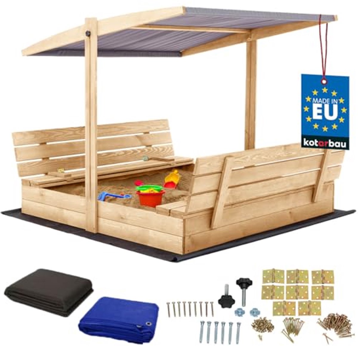 KOTARBAU® Houten Zandbak, 140 x 140 cm, Natuurlijk, Zandbak met Bankjes, met Grijs Dak, en Grondzeil, voor Tuin, Buitenspeelgoed