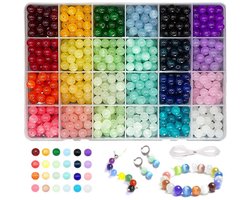 600-delige set voor het maken van sieraden met glazen kralen, 24 kleuren kristallen kralen van 8 mm, geschikt voor armbanden en doe-het-zelf-knutselwerkjes