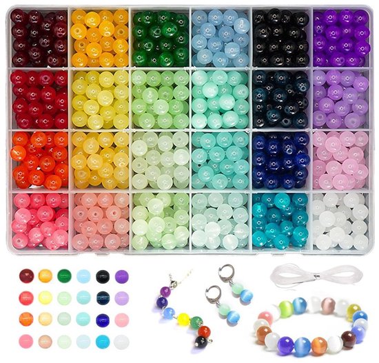 600-delige set voor het maken van sieraden met glazen kralen, 24 kleuren kristallen kralen van 8 mm, geschikt voor armbanden en doe-het-zelf-knutselwerkjes