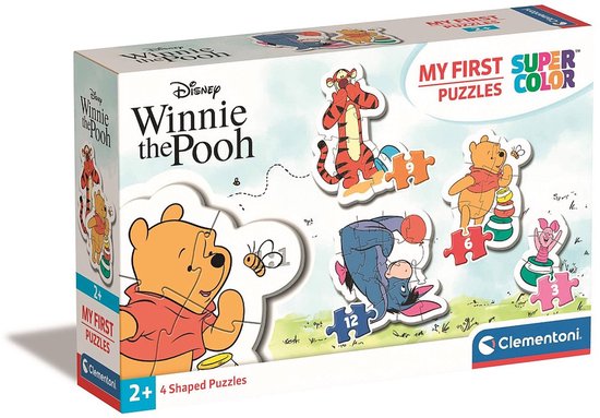 Doos met 'My First Super Color Puzzles Winnie the Pooh'. Afbeeldingen van Tigger, Poeh, Eeyore en Knorretje.