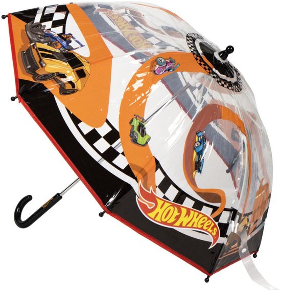 Doorzichtige paraplu met Hot Wheels raceauto's, oranje, wit en zwart.