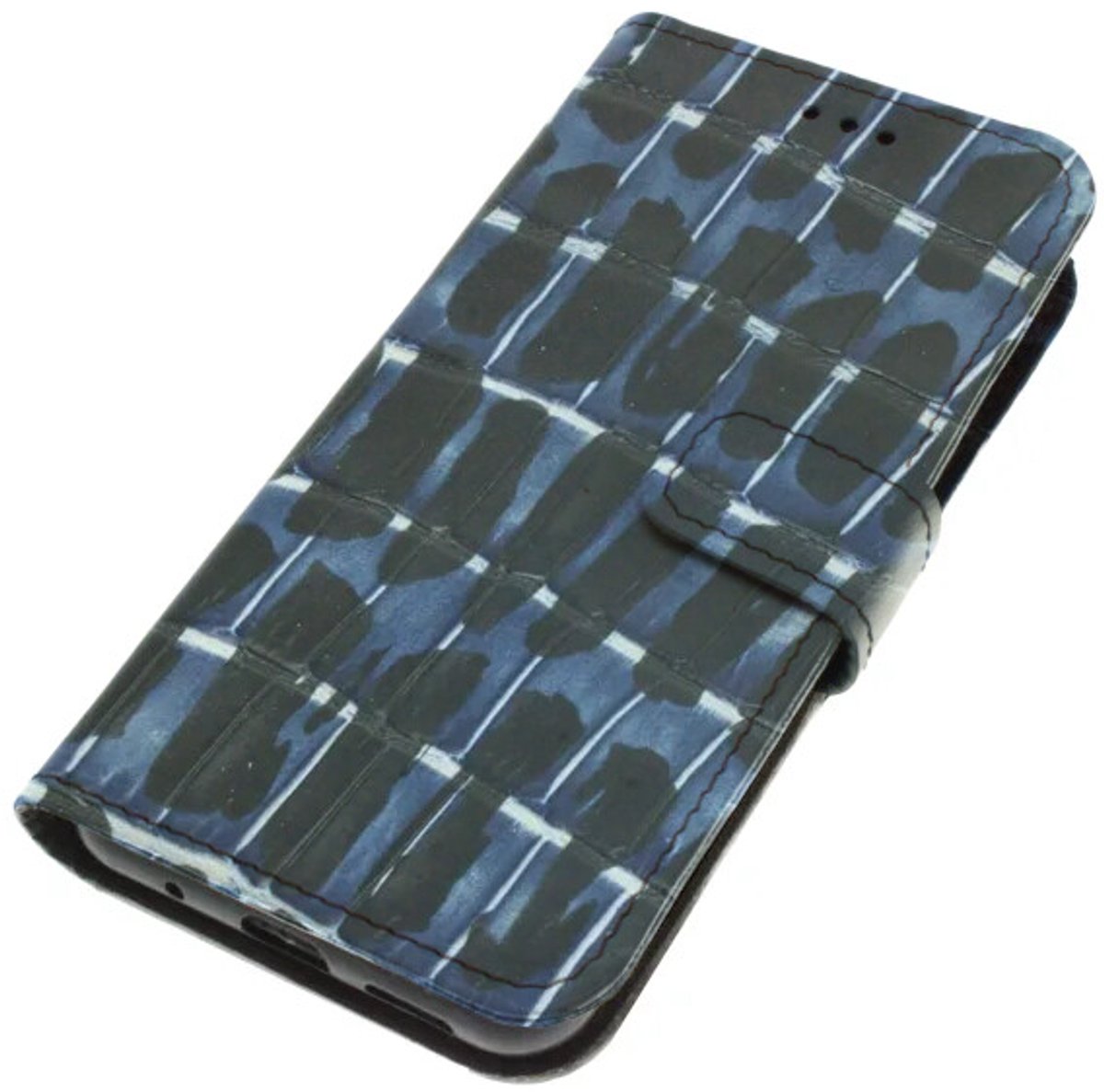 Echt leer hoesje geschikt voor Samsung Galaxy S24 Stug robuust kalfsleer – grafisch croco Blauw/Zwart