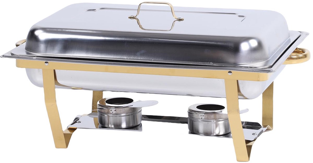 RVS Rechthoekige Chafing Dish Buffetset, Goudkleurige Warmhoudschaal 65 × 32 × 36 cm met Alcoholbranders, Catering Buffetverwarmer voor Feesten, Bruiloften & Hotels