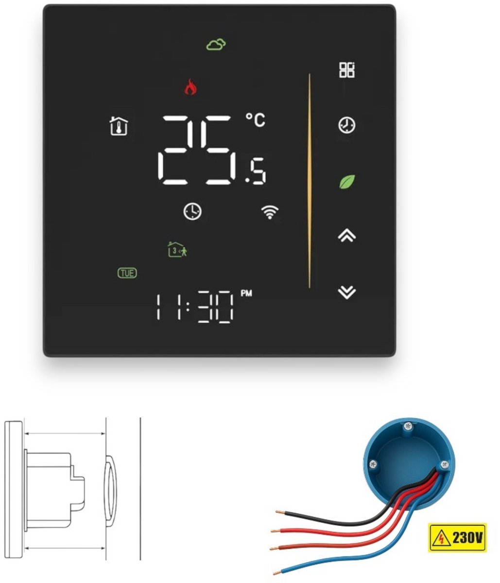 Wifi Inbouw Thermostaat | Touchscreen | App bediening | Spraakbediening | Inbouw montage | Energiezuinig | Tuya Smart Life | Zwart