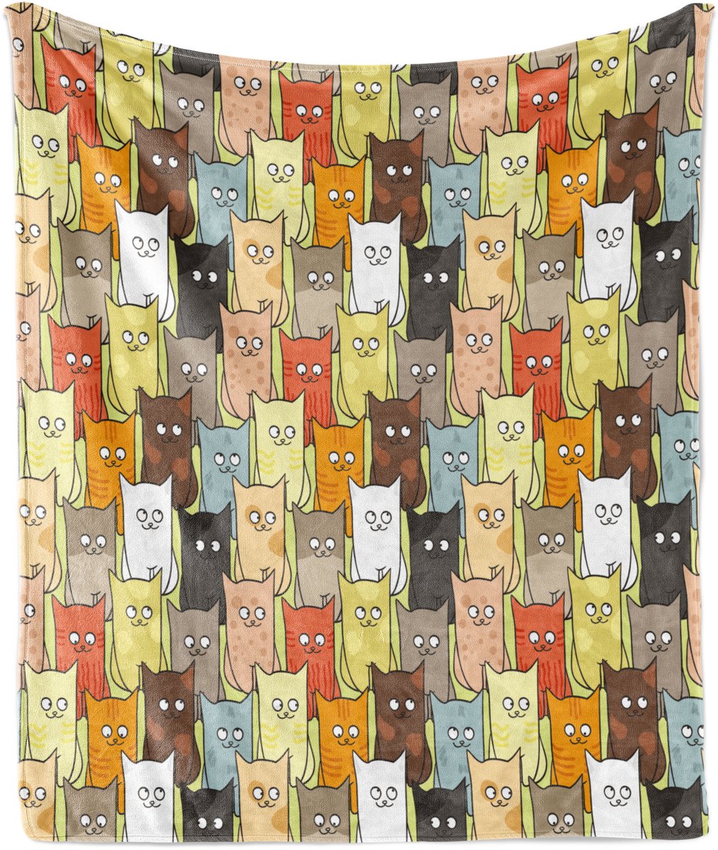 ABAKUHAUS Zachte Flanellen Fleece Deken met Katmotief, Grappige Kleurrijke Cartoon, Gezellige Pluche Plaid, 175 x 230 cm, Geelgroen