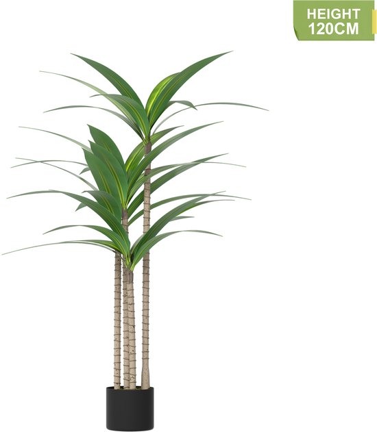 Hoge kunstplant van 120cm met groene bladeren en natuurlijke stammen in een zwarte pot.