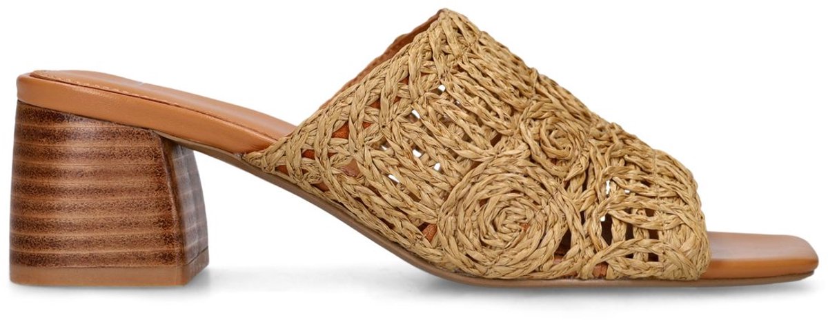 Manfield - Dames - Cognac raffia sandalen met hak - Maat 38