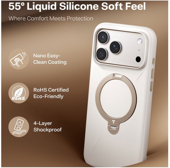 Wit Torras iPhone hoesje met 360° ringstandaard, nano easy-clean coating, RoHS certified.