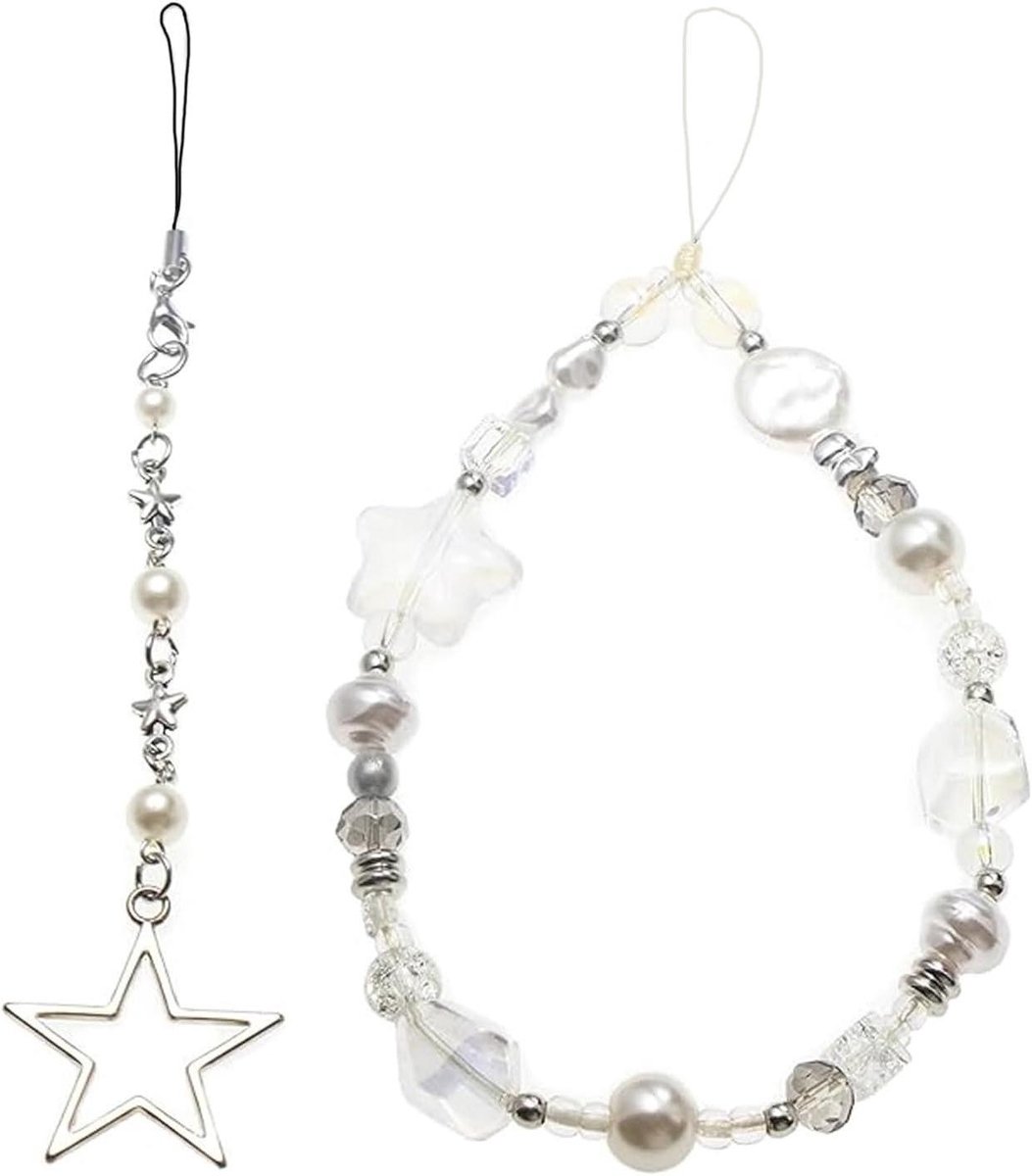 Universele telefoonketting met sterren en parels, voor tas en sleutel, 2 stuks.