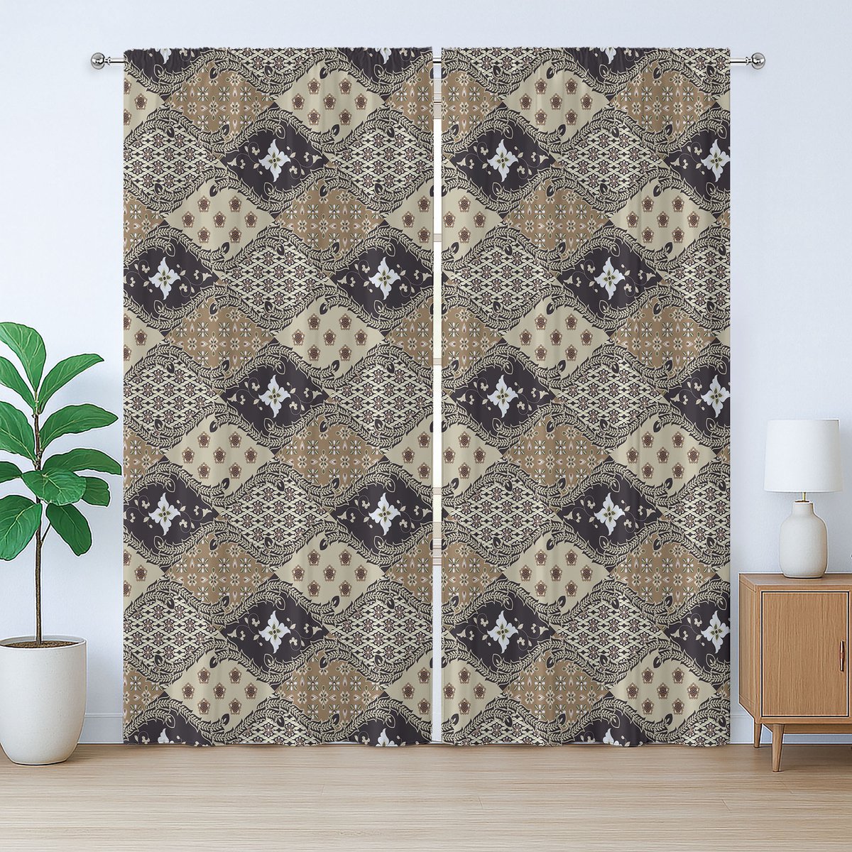ABAKUHAUS Aziatisch rustiek gordijn, antiek batikpatroon, slaapkamergordijn met plooien, lussen en haken, 280 x 245 cm, beige/zwart